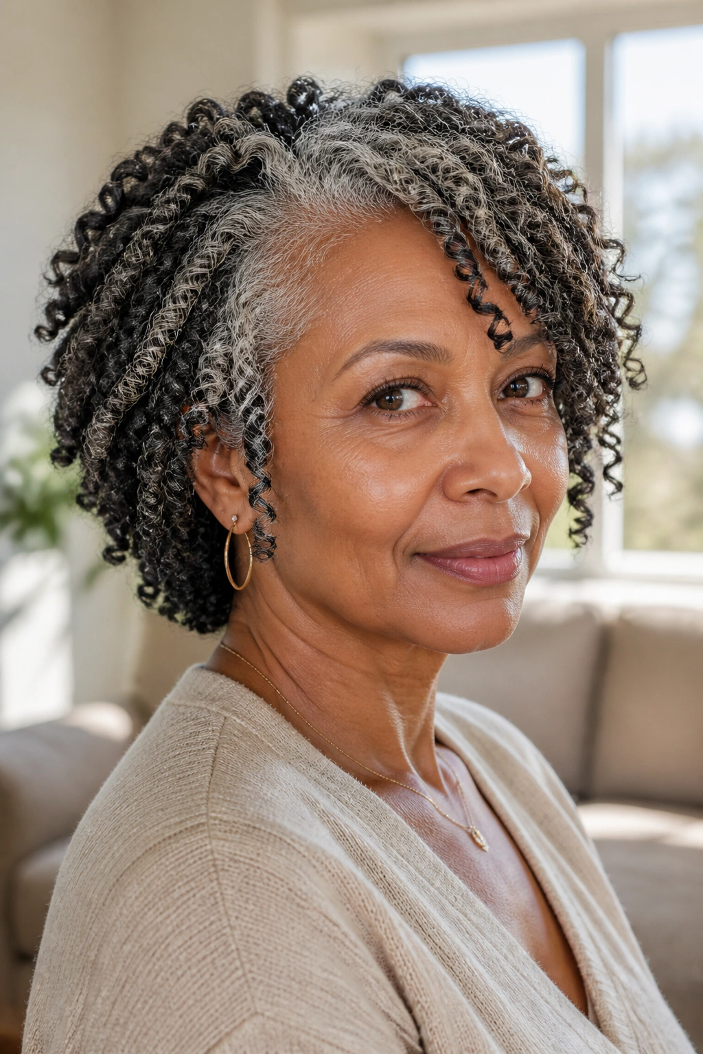 Close-up portrait of a real woman with defined salt-and-pepper curls.