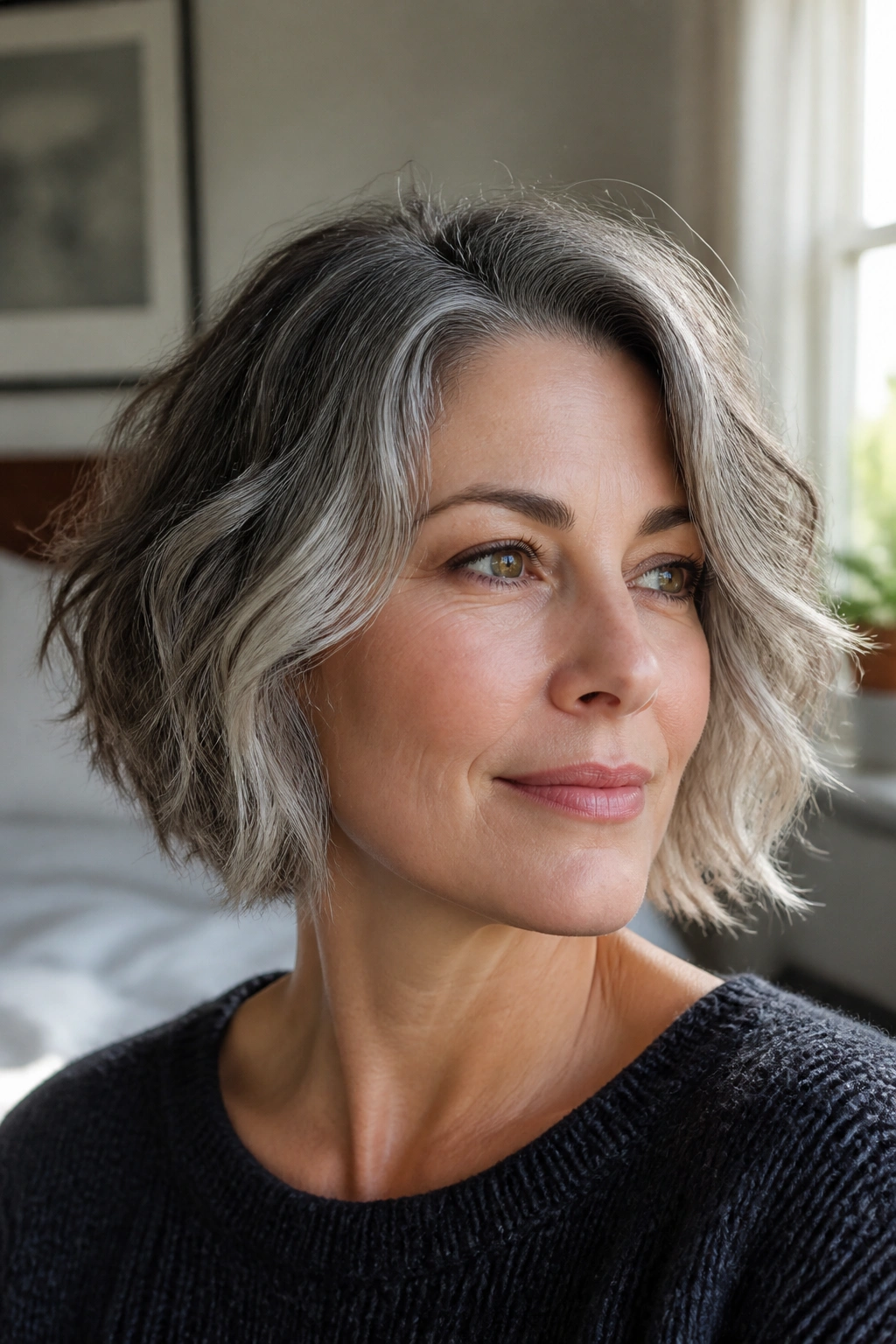 Close-up of a real woman with a tousled bob and graphite roots, salt-and-pepper hair texture