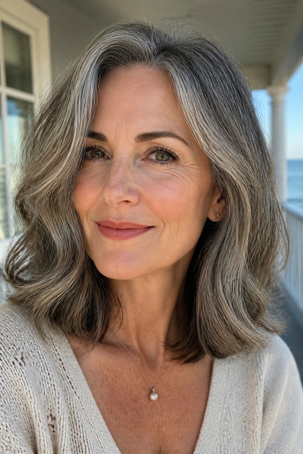 Close-up of a real woman with collarbone-length lob and soft waves.