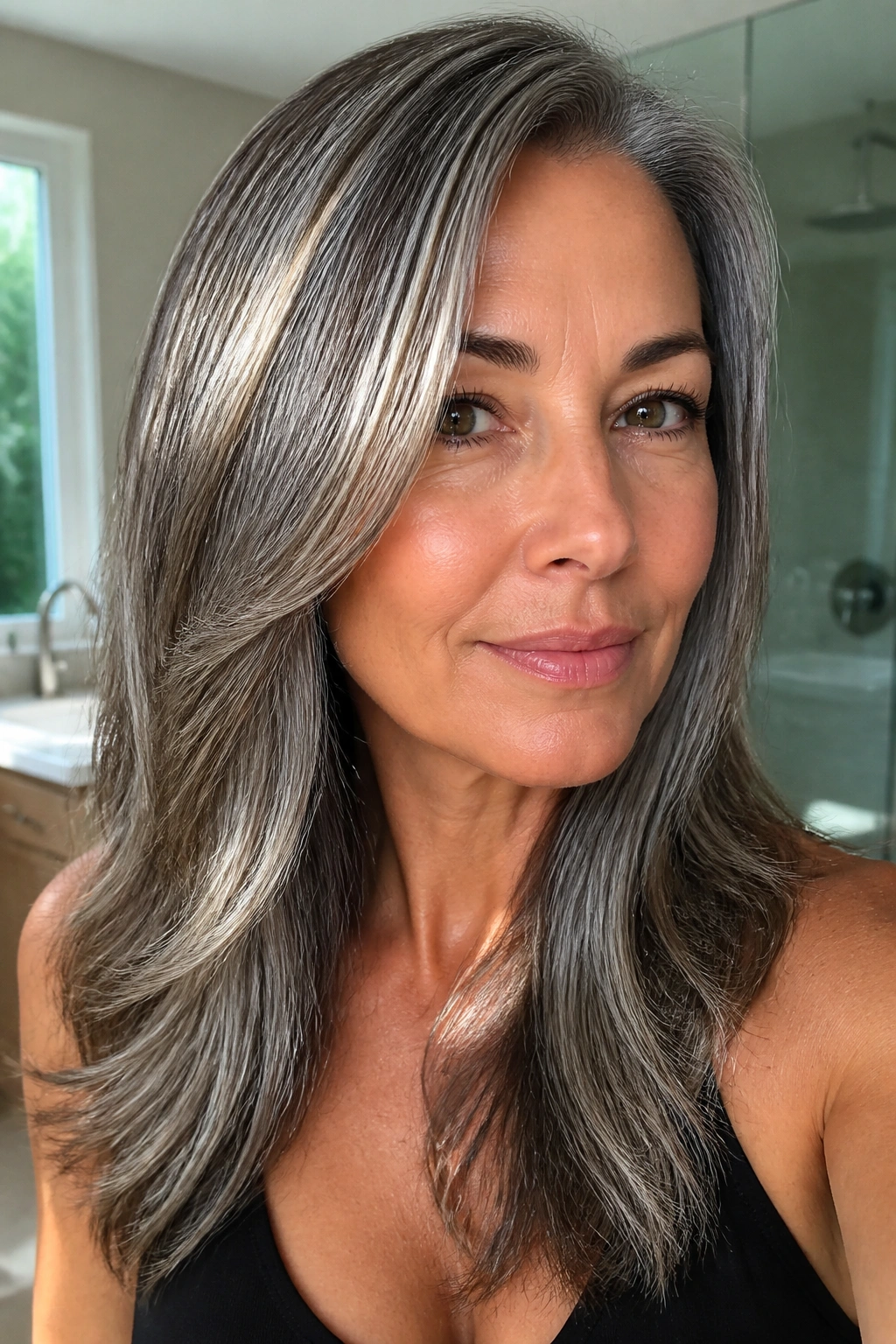 Real woman with salt-and-pepper hair and highlights finished with a clear gloss for silky shine.