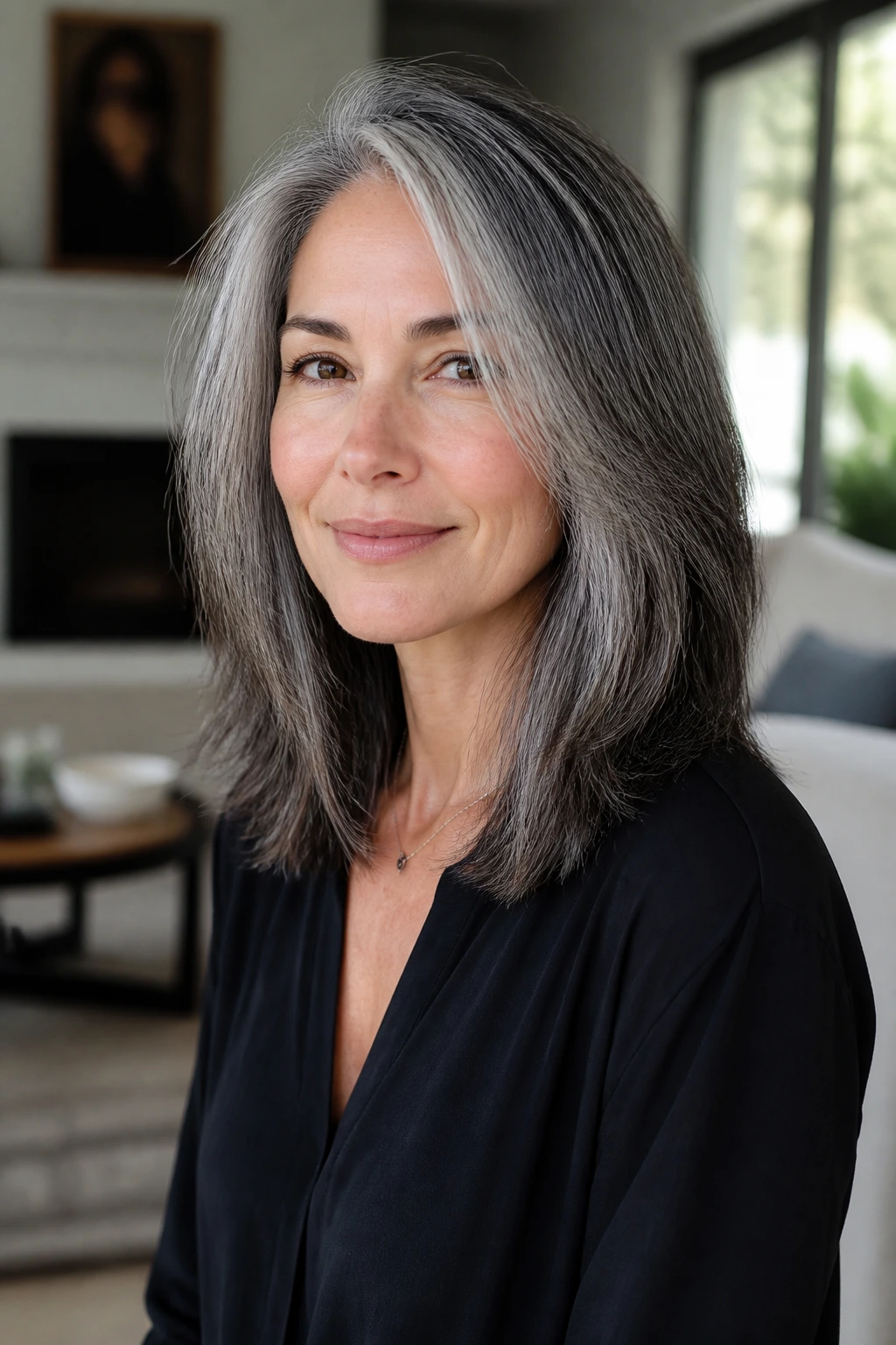 Portrait of a real woman with a salt-and-pepper midi cut