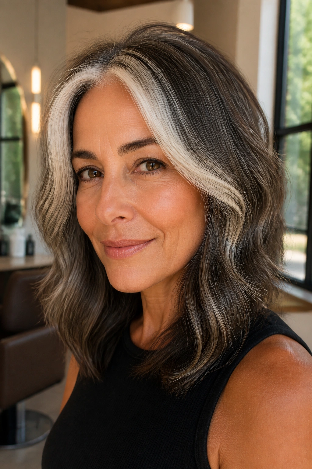 Close-up portrait of salt-and-pepper hair with a bright money piece near the hairline