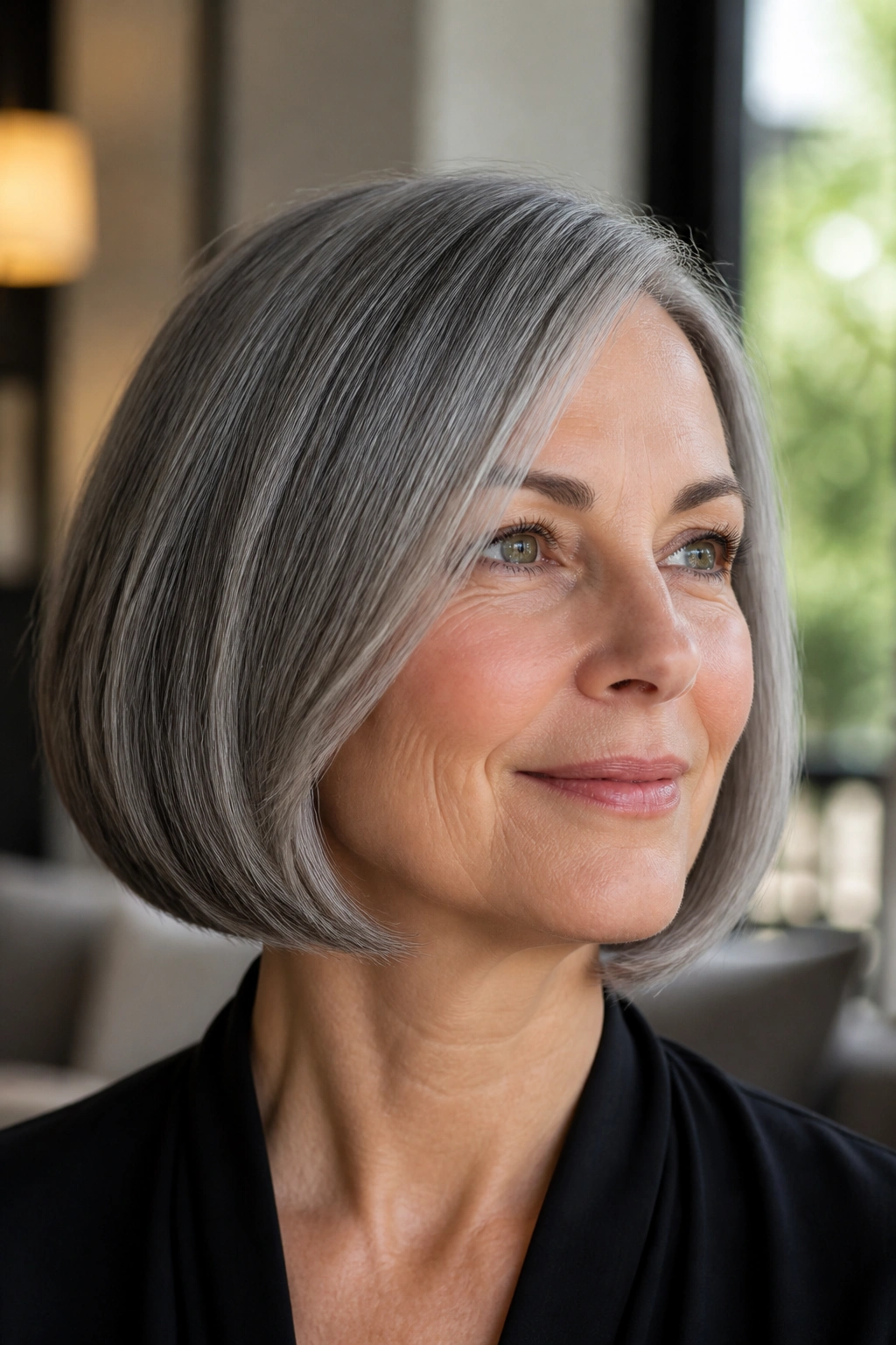 Portrait of a woman with a salt-and-pepper pageboy and rounded ends.