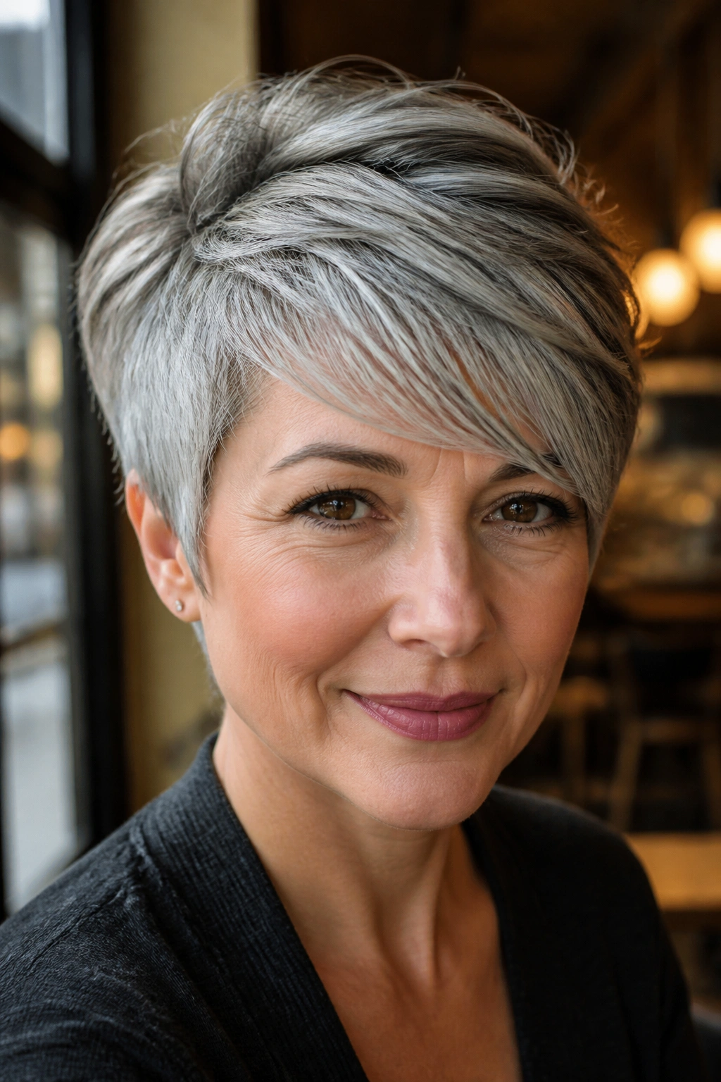 Close-up of a real woman with layered pixie and side-swept fringe.