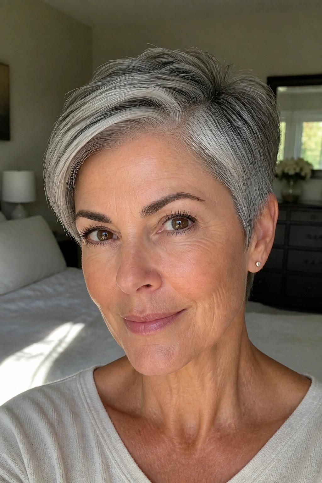 Close-up of a real woman with a salt-and-pepper pixie and side part.