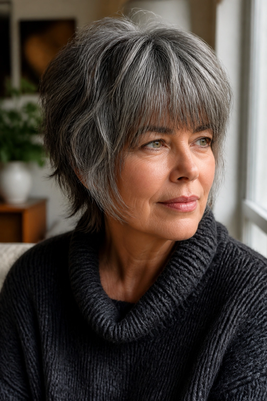 Close-up portrait of a real woman with salt-and-pepper shag and full fringe.
