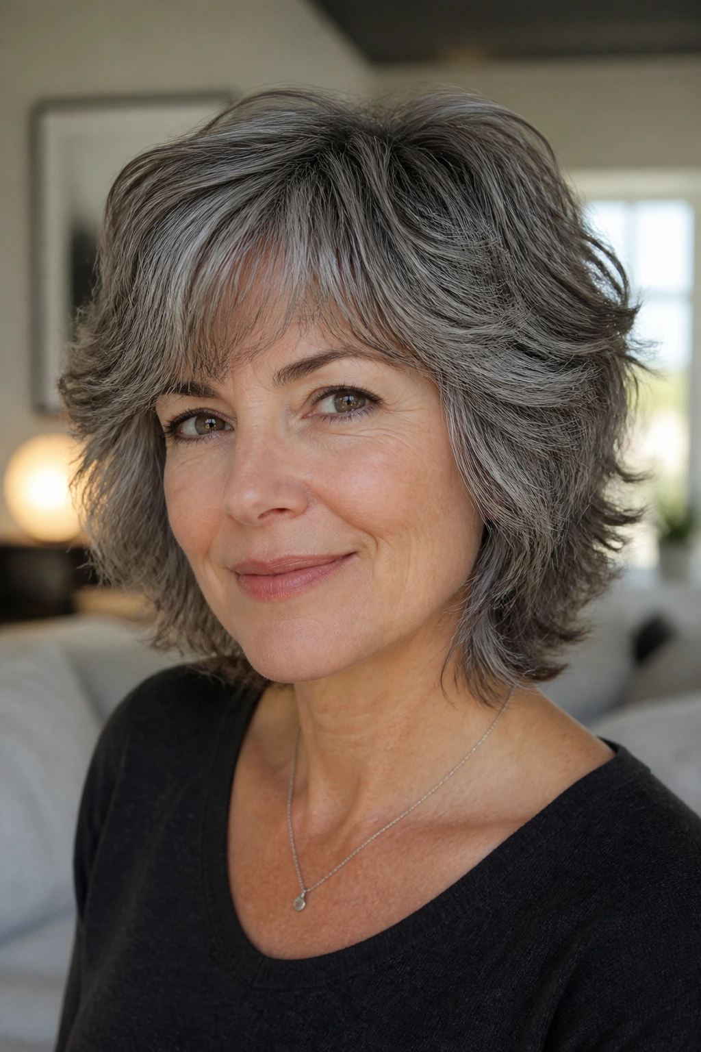 Close-up portrait of a woman with salt-and-pepper shag in bright living room light