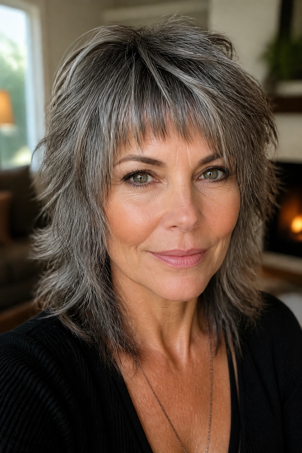 Close-up portrait of a real woman with salt-and-pepper shag and micro bangs