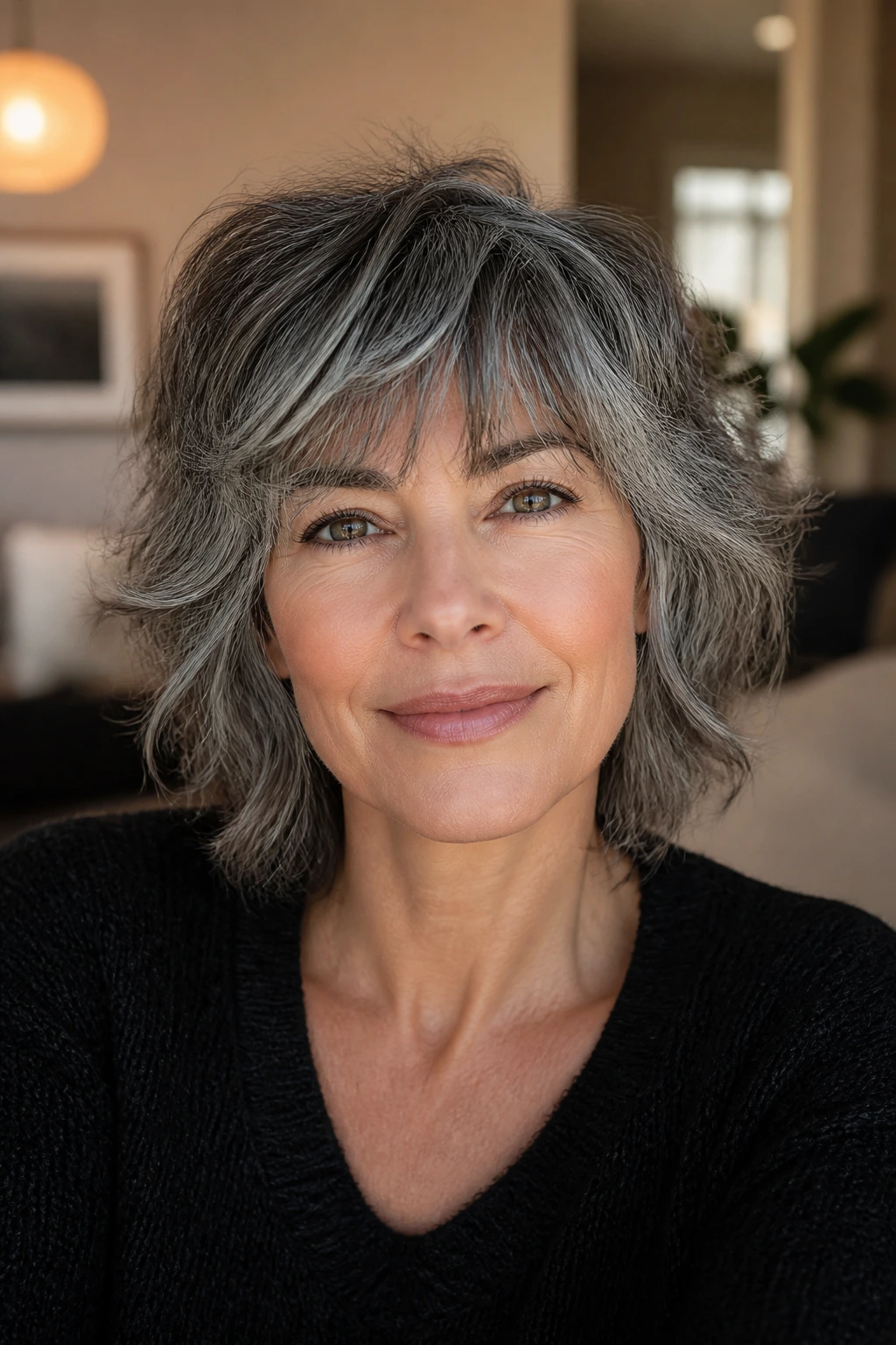 Close-up portrait of a woman with salt-and-pepper shag hairstyle on a real woman