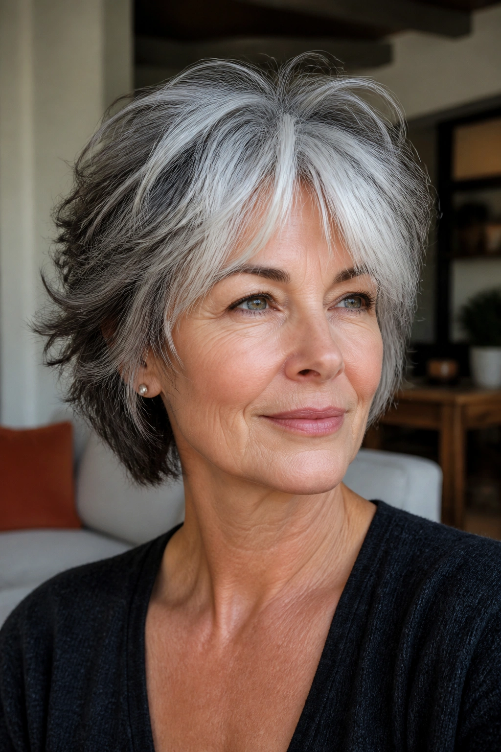 Close-up of a real woman with salt-and-pepper shag and white front pieces