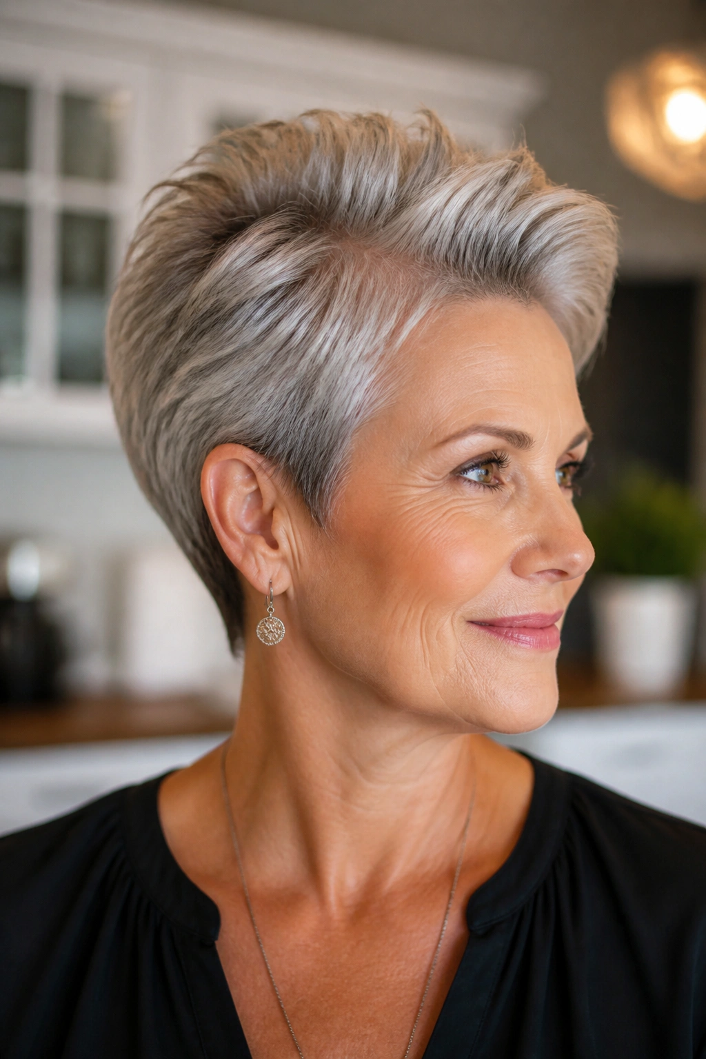 Close-up of a real woman with a tapered crop and lifted crown.