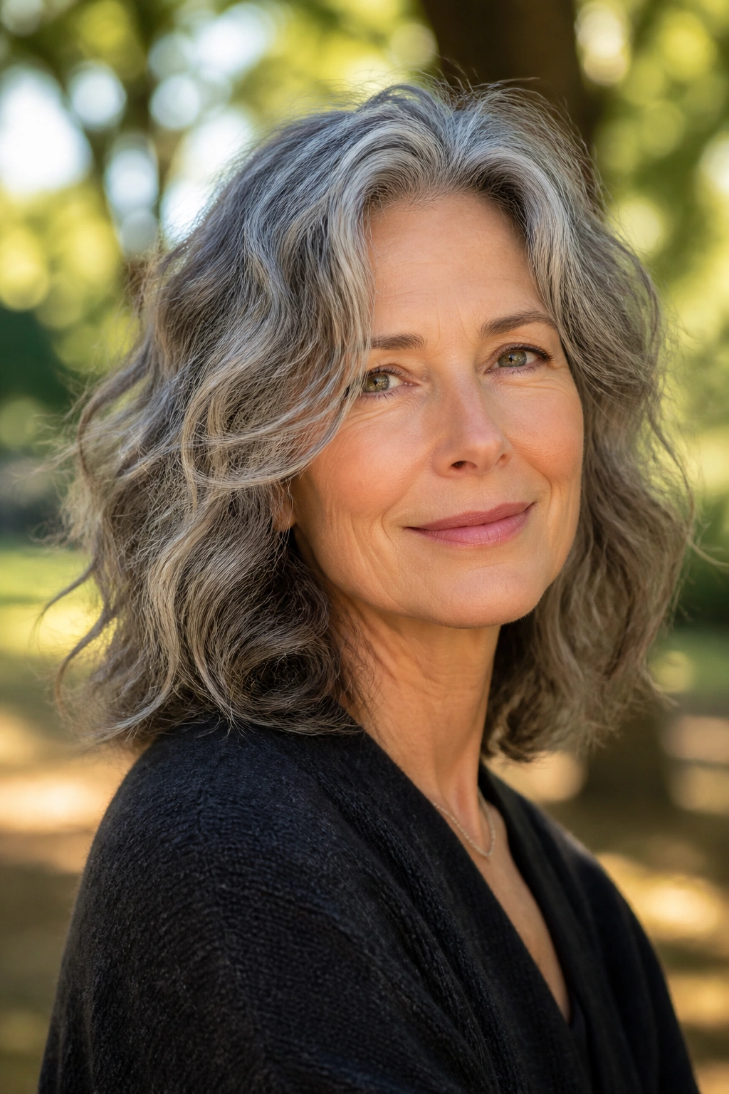 Close-up of older woman with salt and pepper tousled waves in natural light