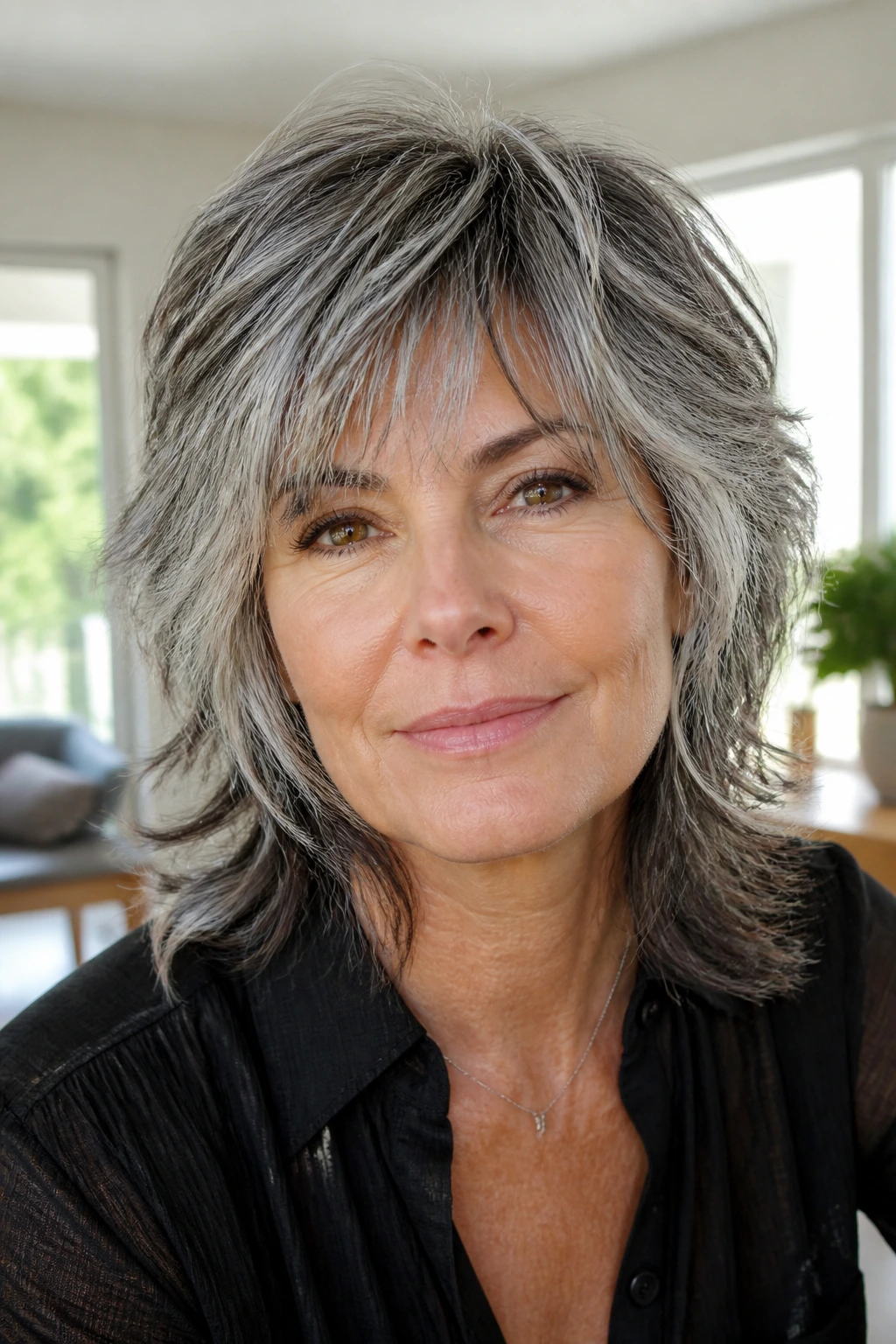 Close-up of real person with salt-and-pepper wolf cut and gray blending.