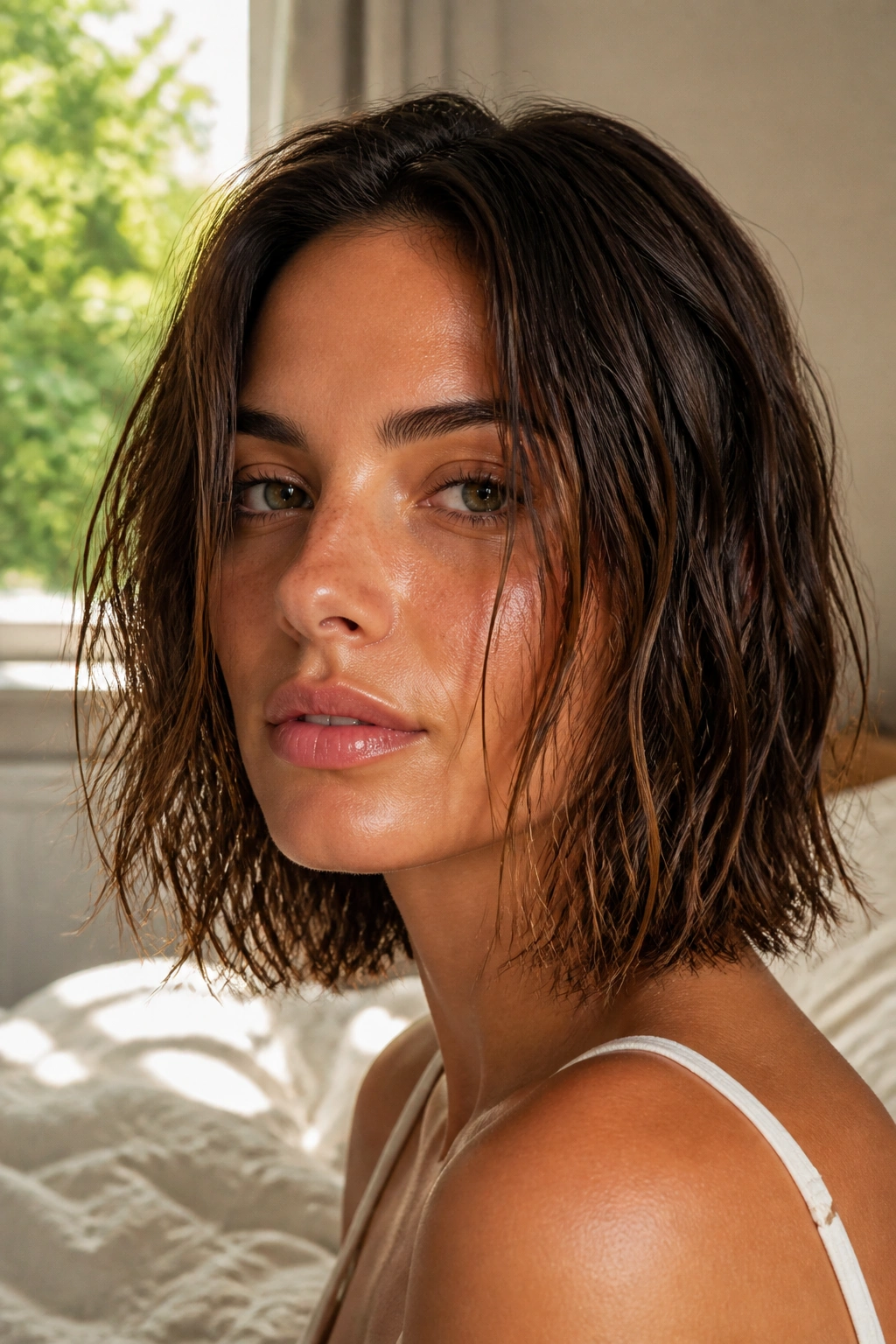 Close-up of a real woman with salt-spray bob and natural waves in a sunlit room