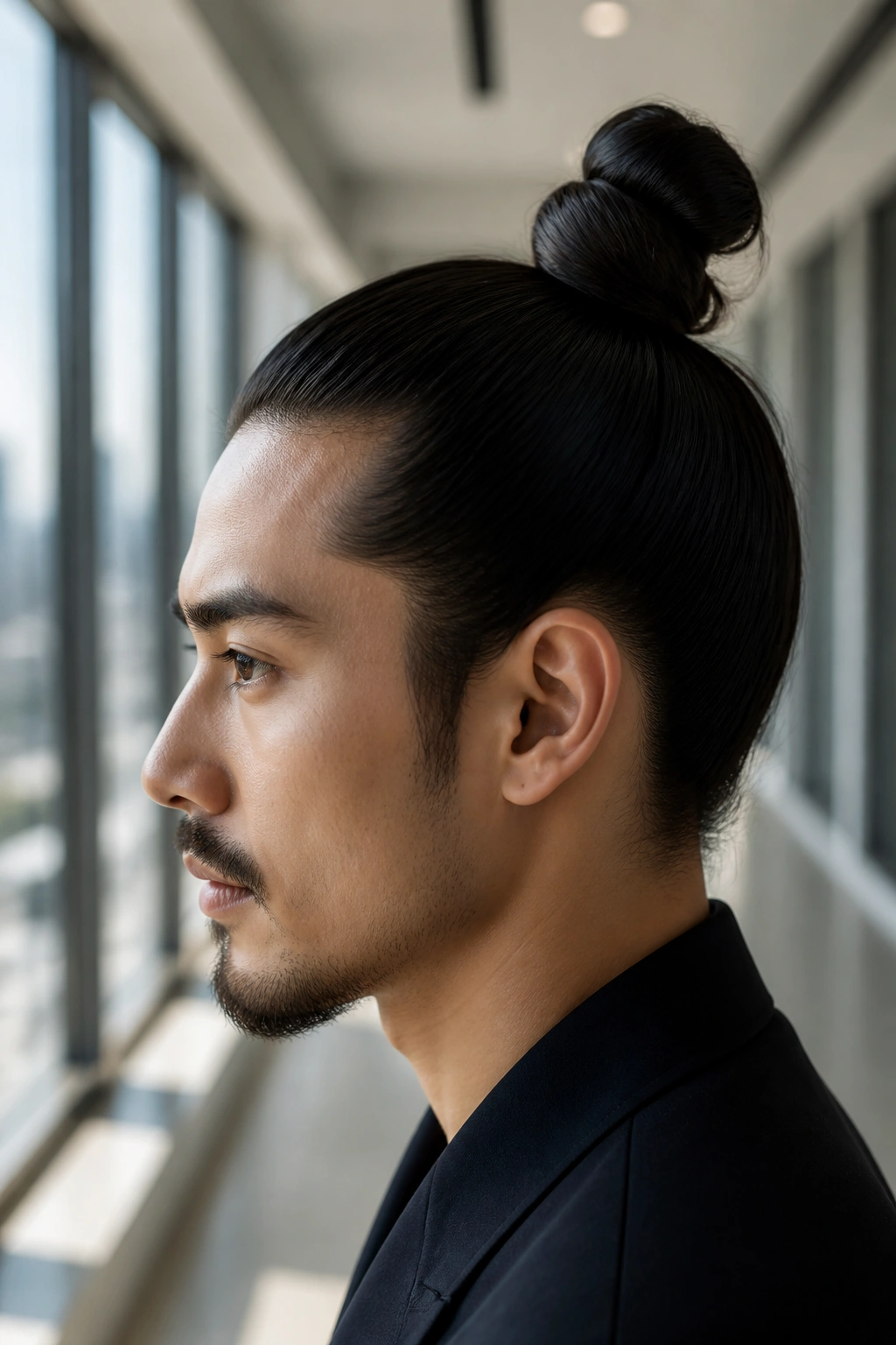 Profile portrait of a man with a high samurai knot hairstyle