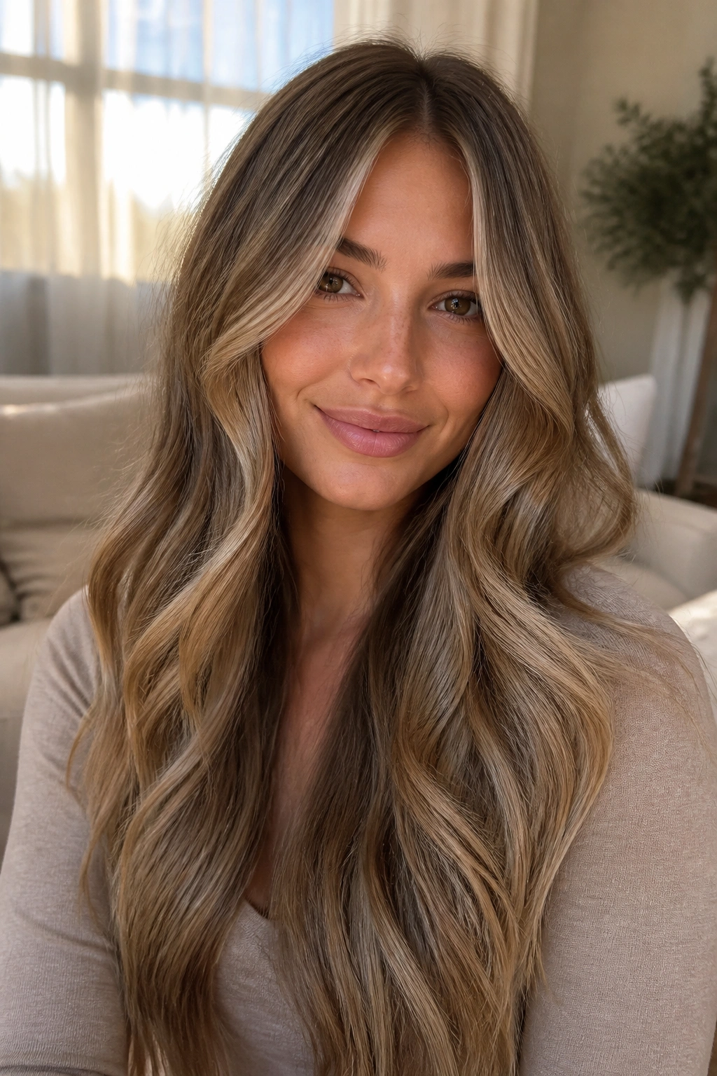Close-up of long hair with sand almond taupe melt on a real person