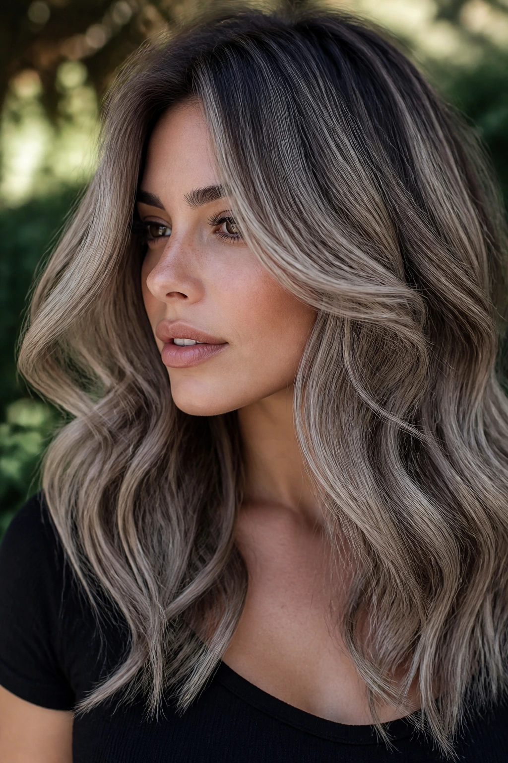 Thick hair with sand-and-smoke balayage showing beige and ash tones.