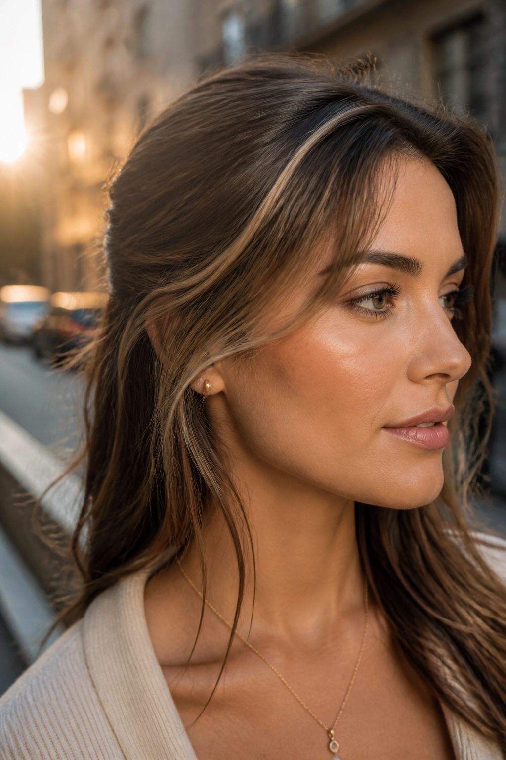 Brunette with sand beige contour highlights around temples and cheekbones