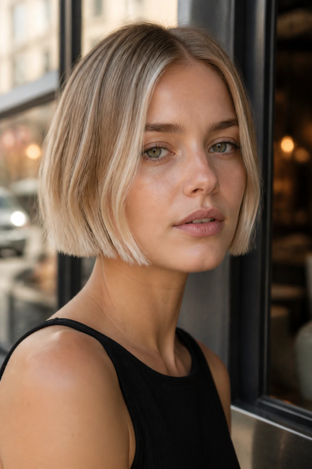 Close-up portrait of a real woman with sand blonde balayage on blunt micro bob