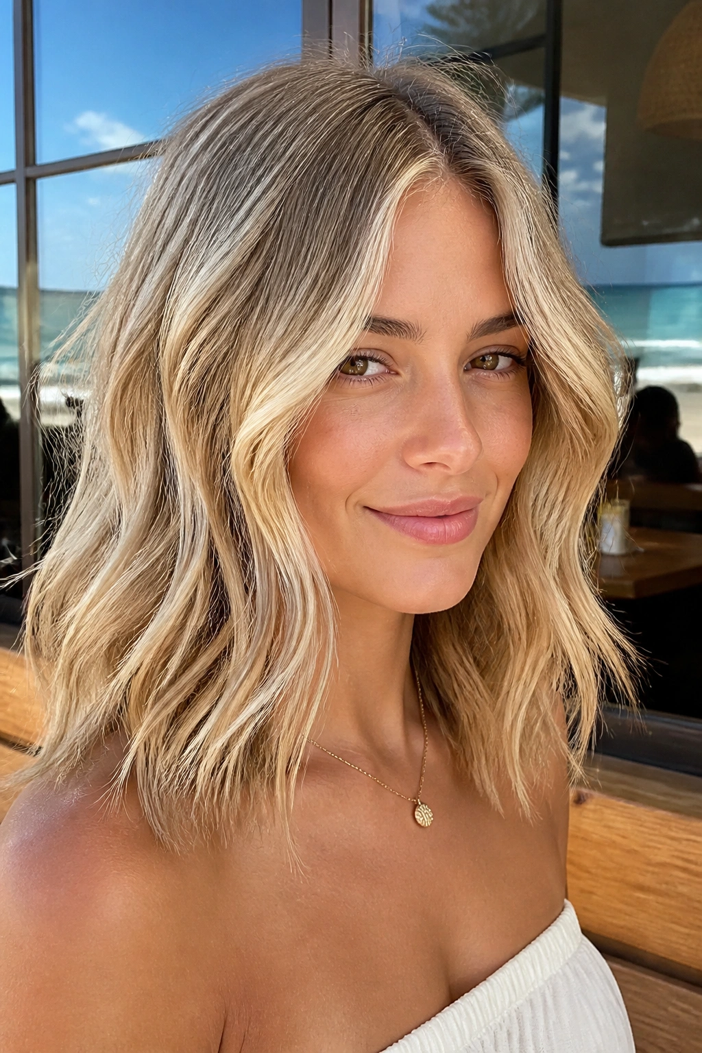 Close-up of a real woman with sand blonde hair and beachy bends in natural sunlit setting