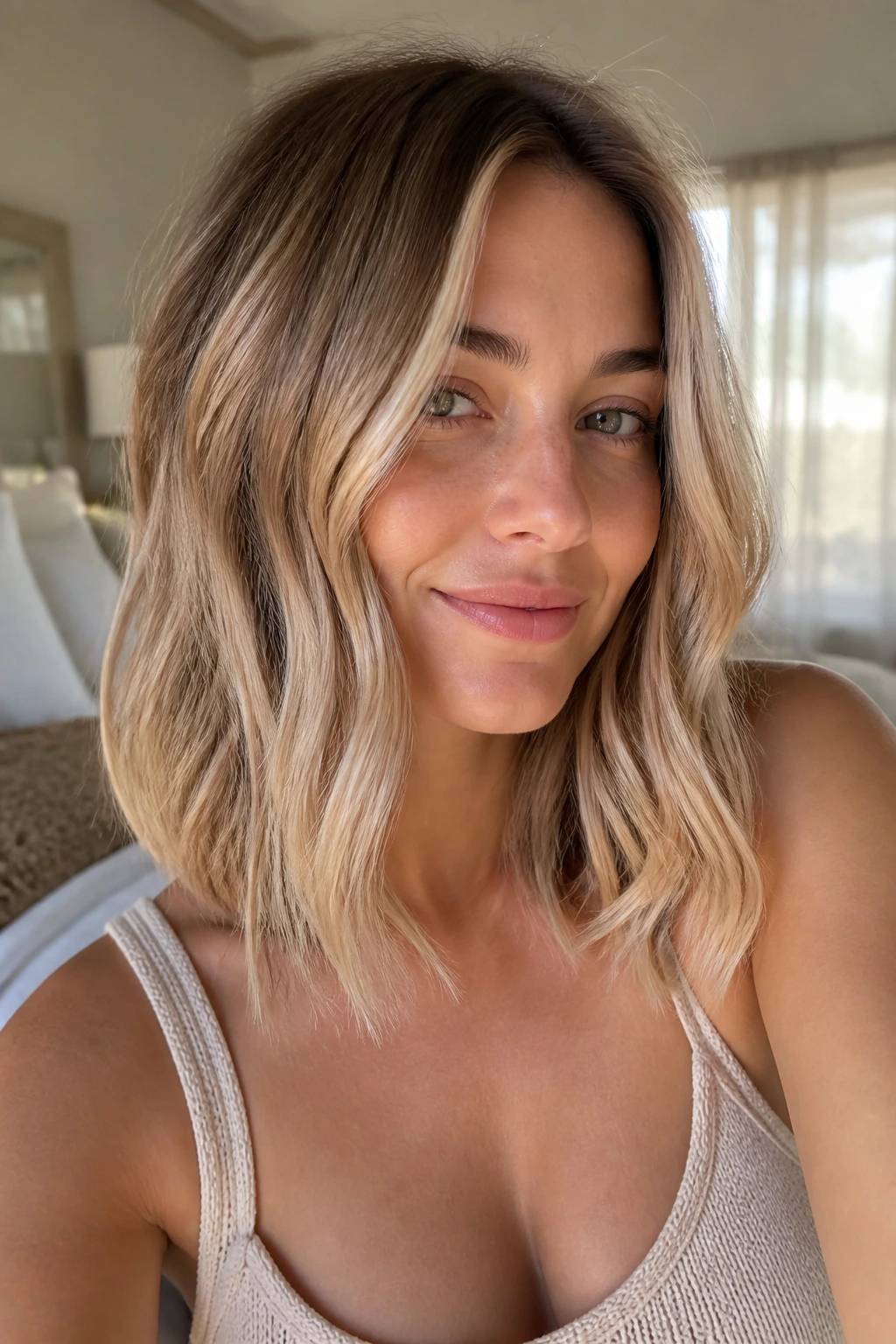 Real woman with sand blonde on dark blonde base hair