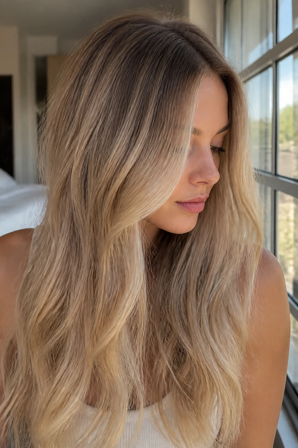 Close-up portrait of a real woman with sand blonde hair and lived-in roots