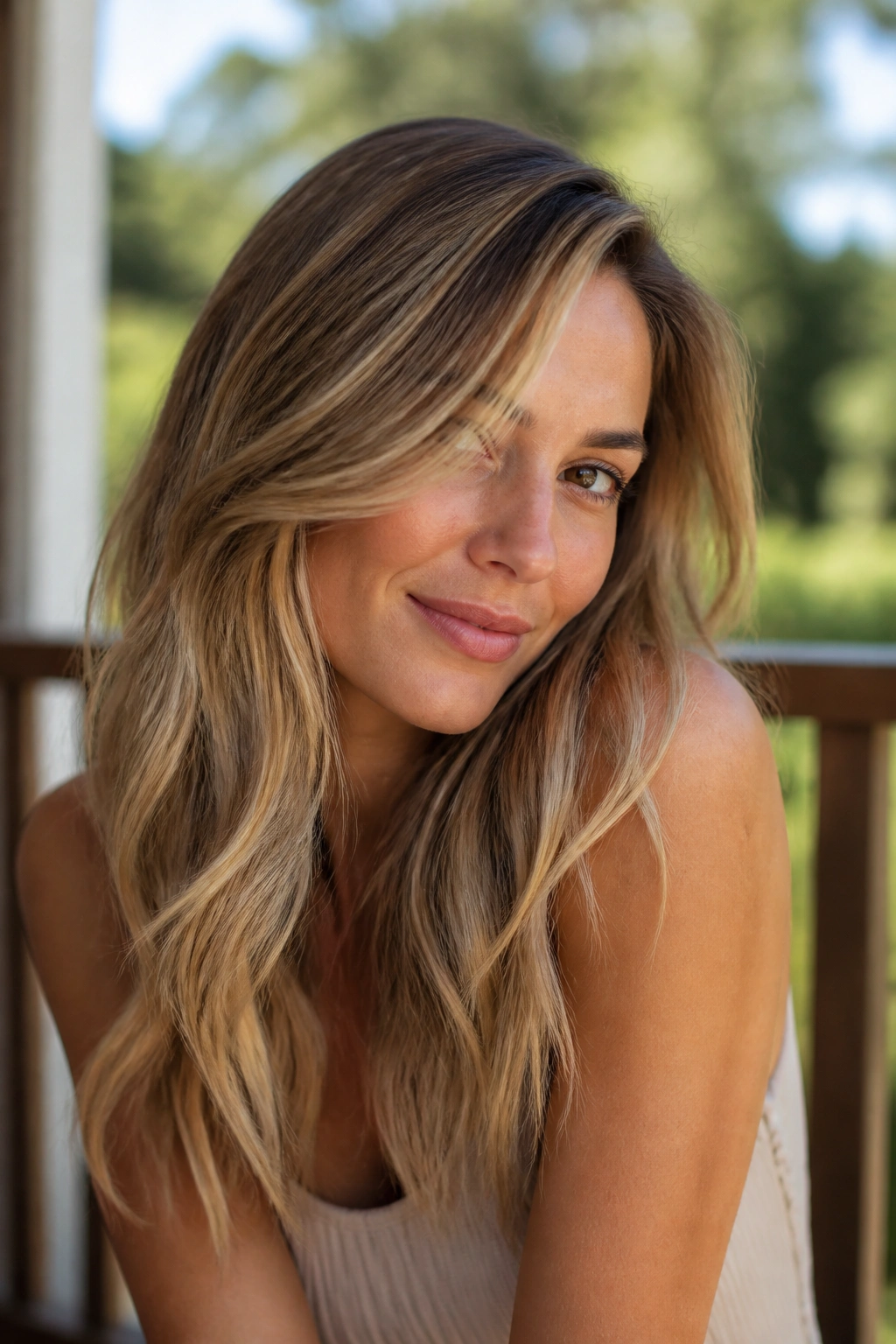 Close-up of sand blonde melt hairstyle on a real person outdoors