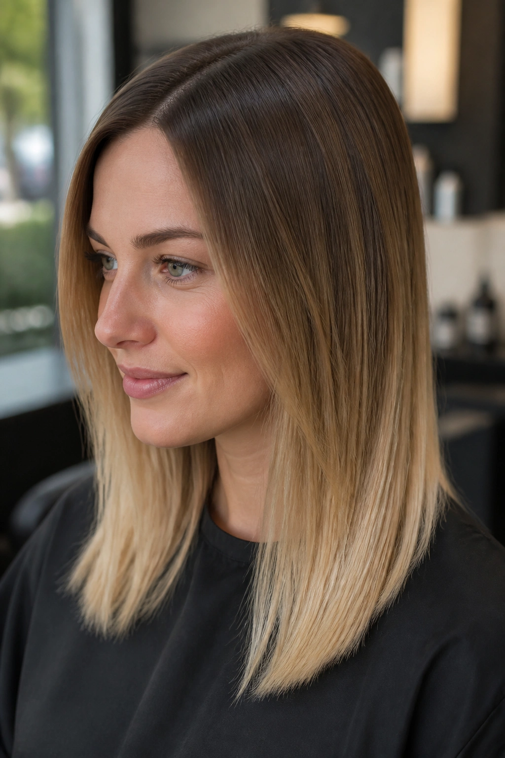 Close-up of a real woman's hair showing sand blonde ombre on dark blonde base
