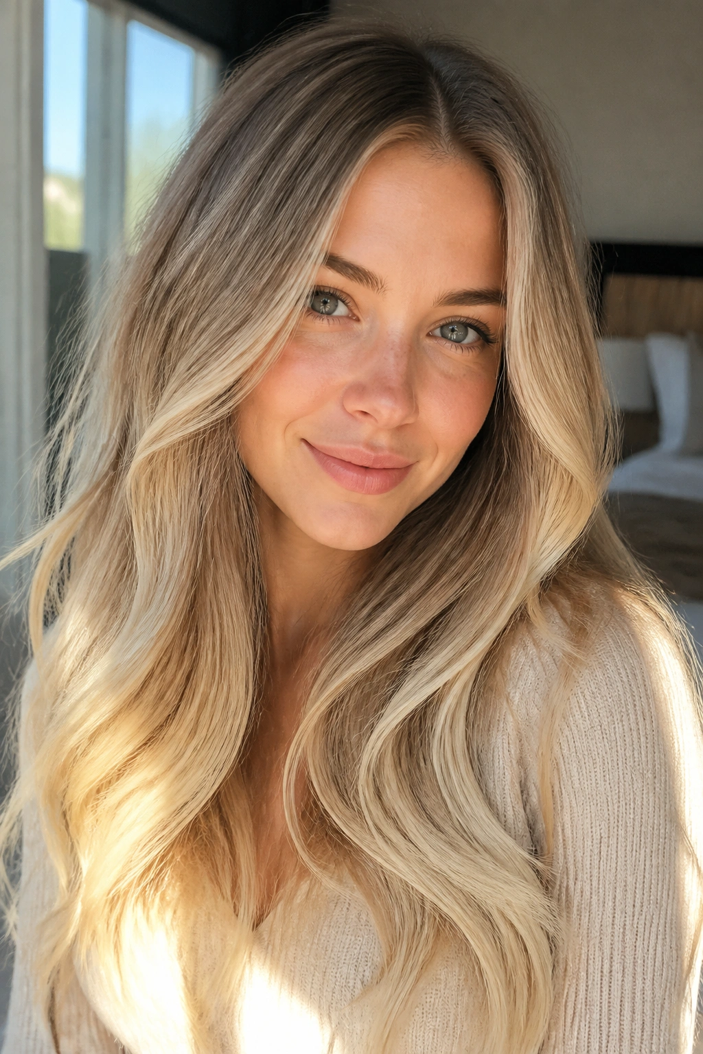 Close-up of sand blonde to vanilla cream ombre on real hair.