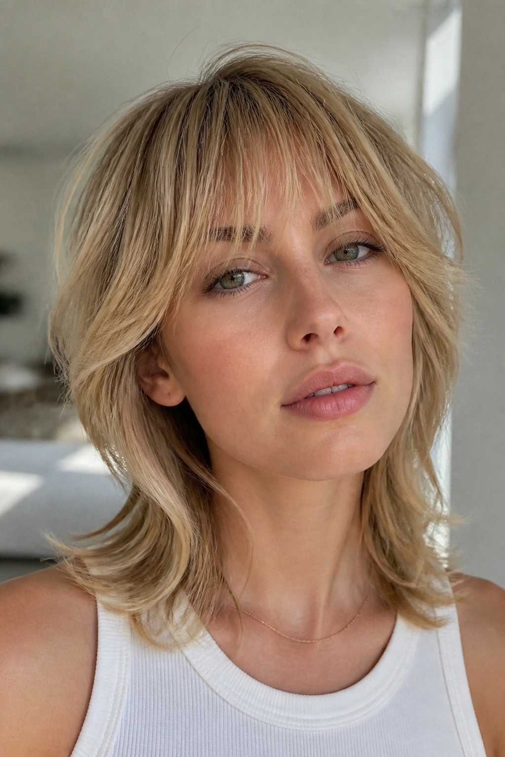 Close-up portrait of a real person with sand blonde wolf cut and wispy bangs.