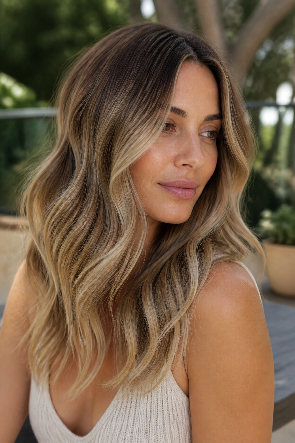 Close-up of a real woman with sandstone balayage hair with soft beige-brown ribbons
