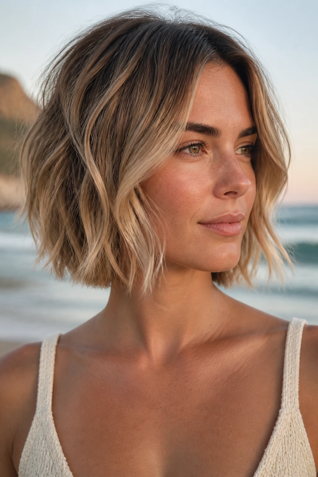 Close-up portrait of a real woman with sandy beige balayage on a beachy bob in warm sun