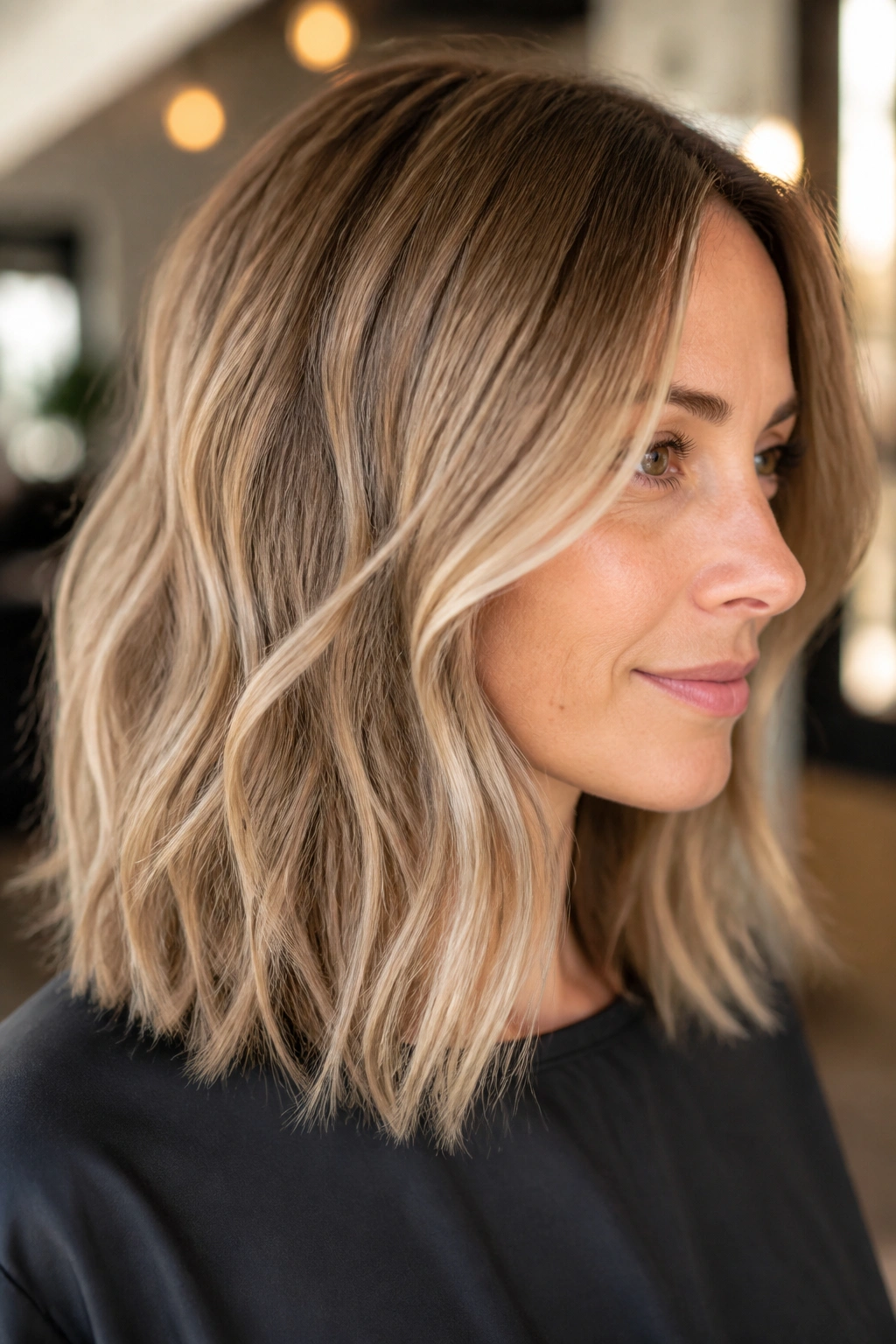 Close-up of shoulder-length hair with sandy beige balayage