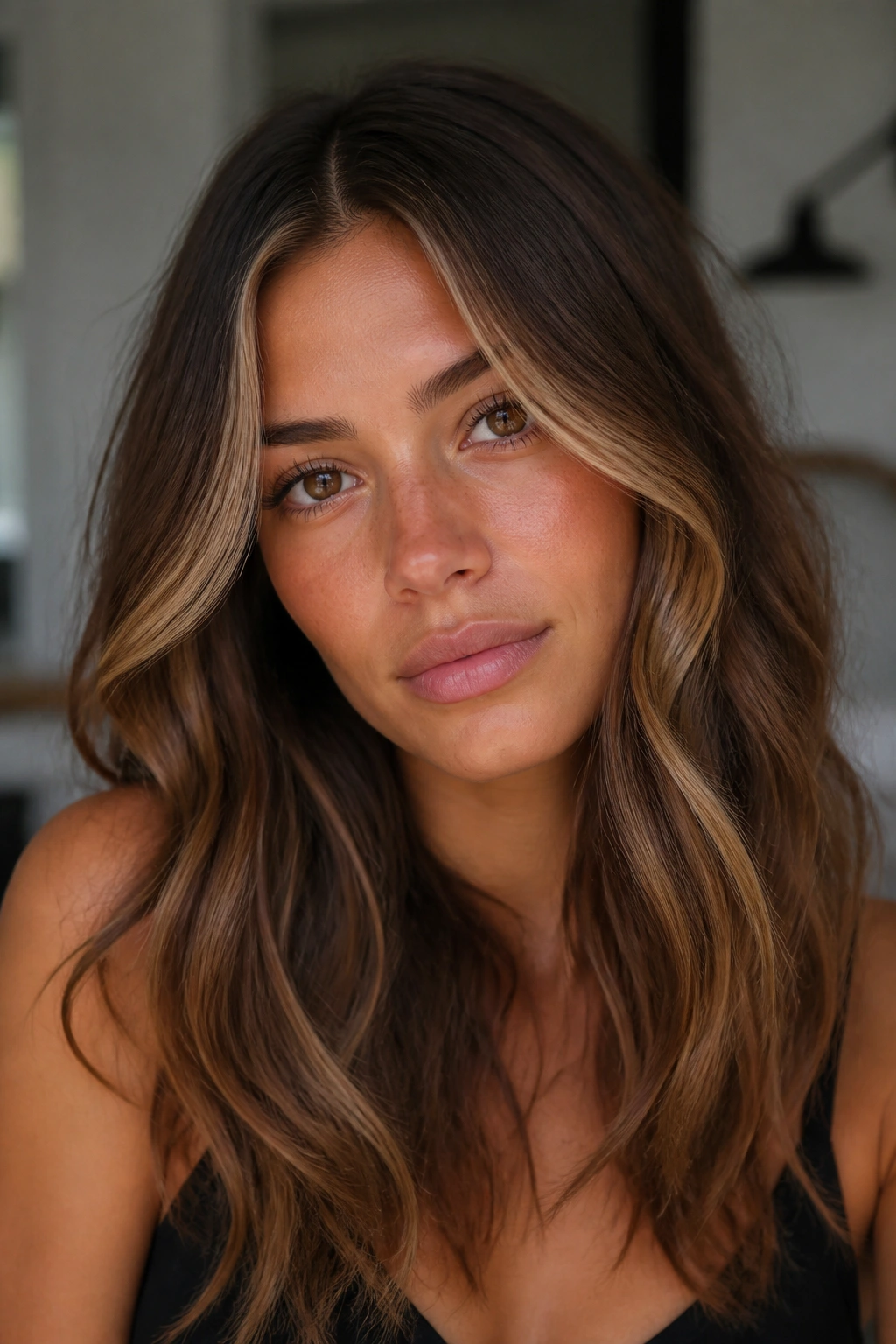 Brunette with sandy beige face frame on chestnut hair in natural light