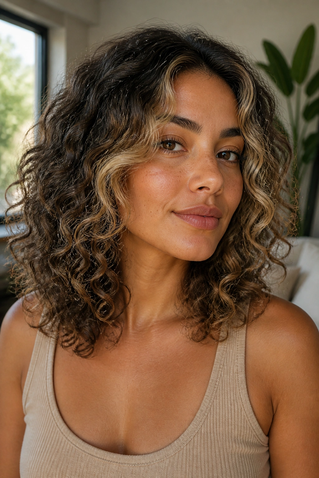 Close-up of a real woman with sandy beige highlights around cheeks and temples on curly hair