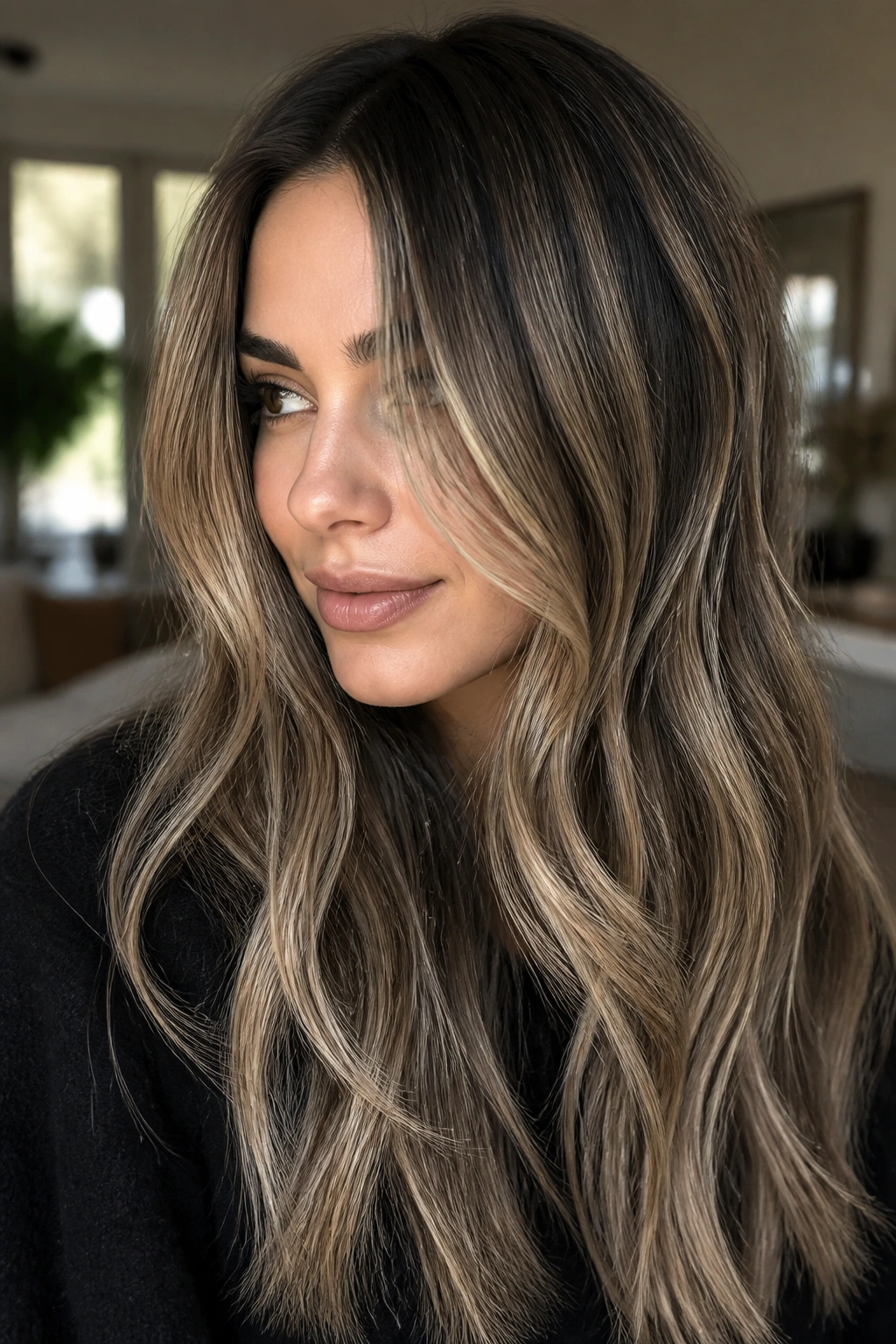 Close-up of long hair with sandy beige woven highlights