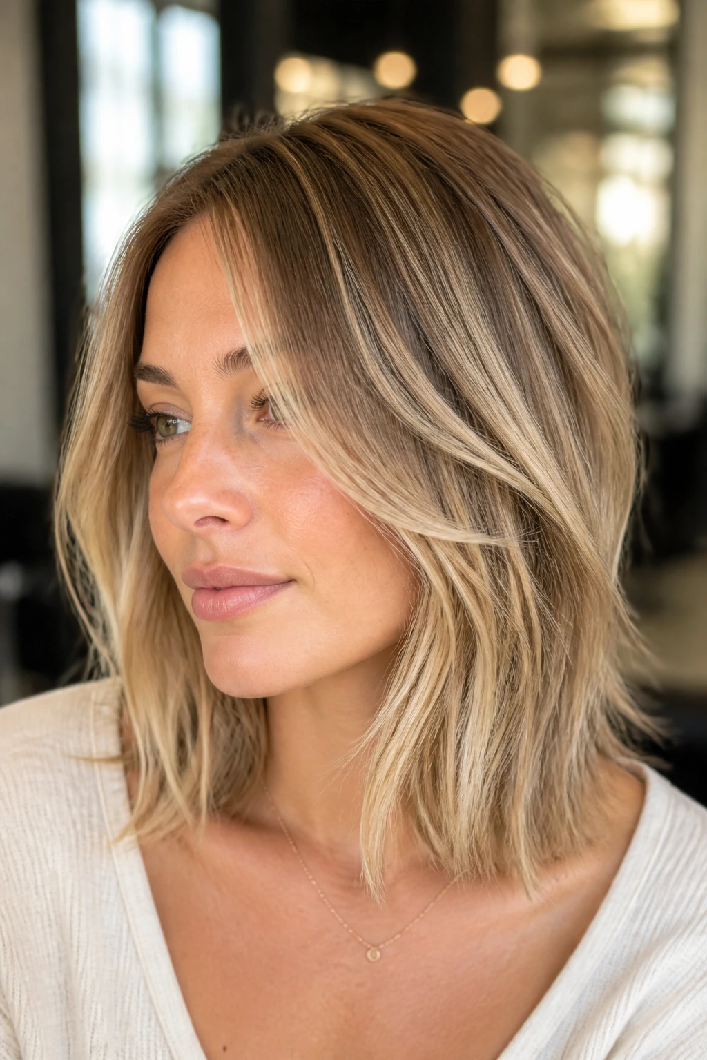 Close-up portrait of a real woman with sandy beige highlights on a layered lob