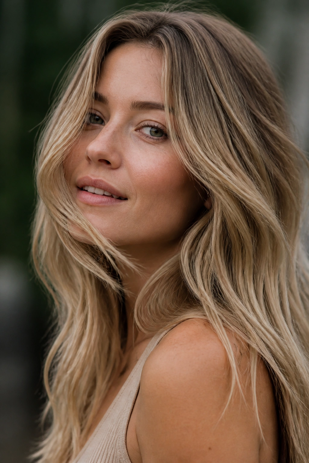 Close-up portrait of a real person with sandy blonde hair and ash undertones