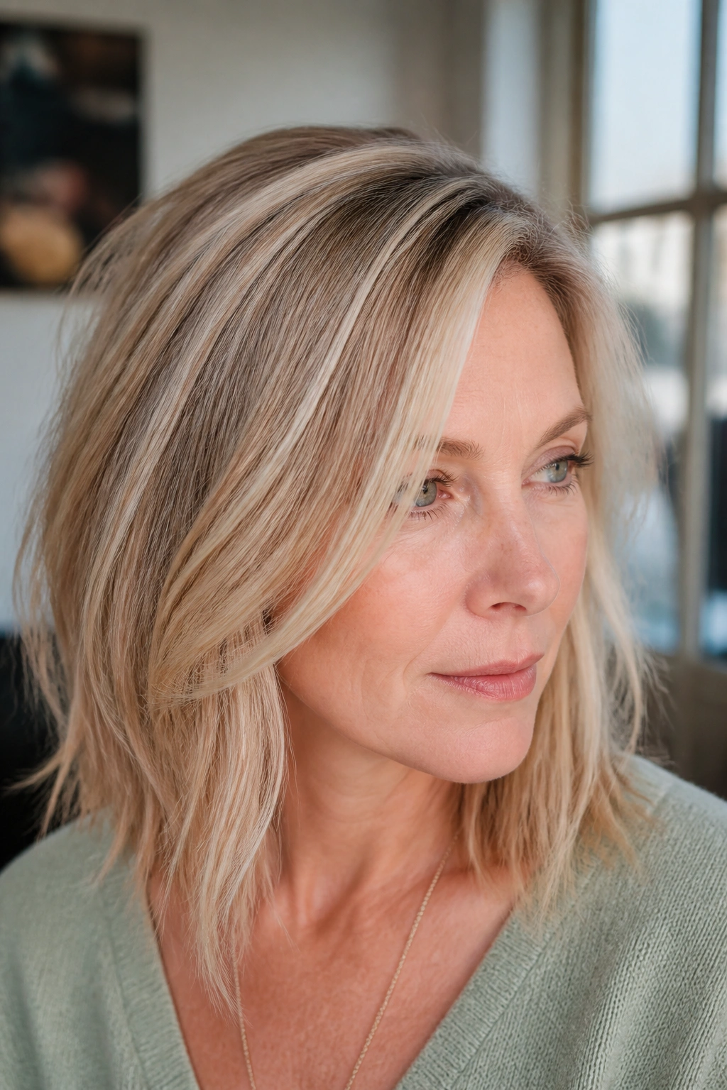 Close-up of real woman with sandy blonde babylights on fine hair in natural light