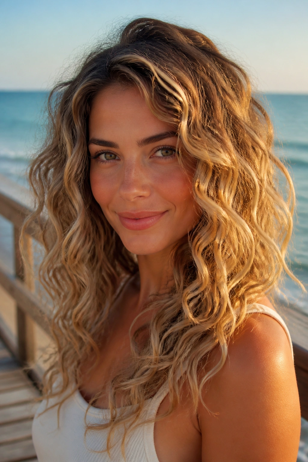 Close-up of a real woman with beachy curls and sandy blonde balayage in golden hour light.