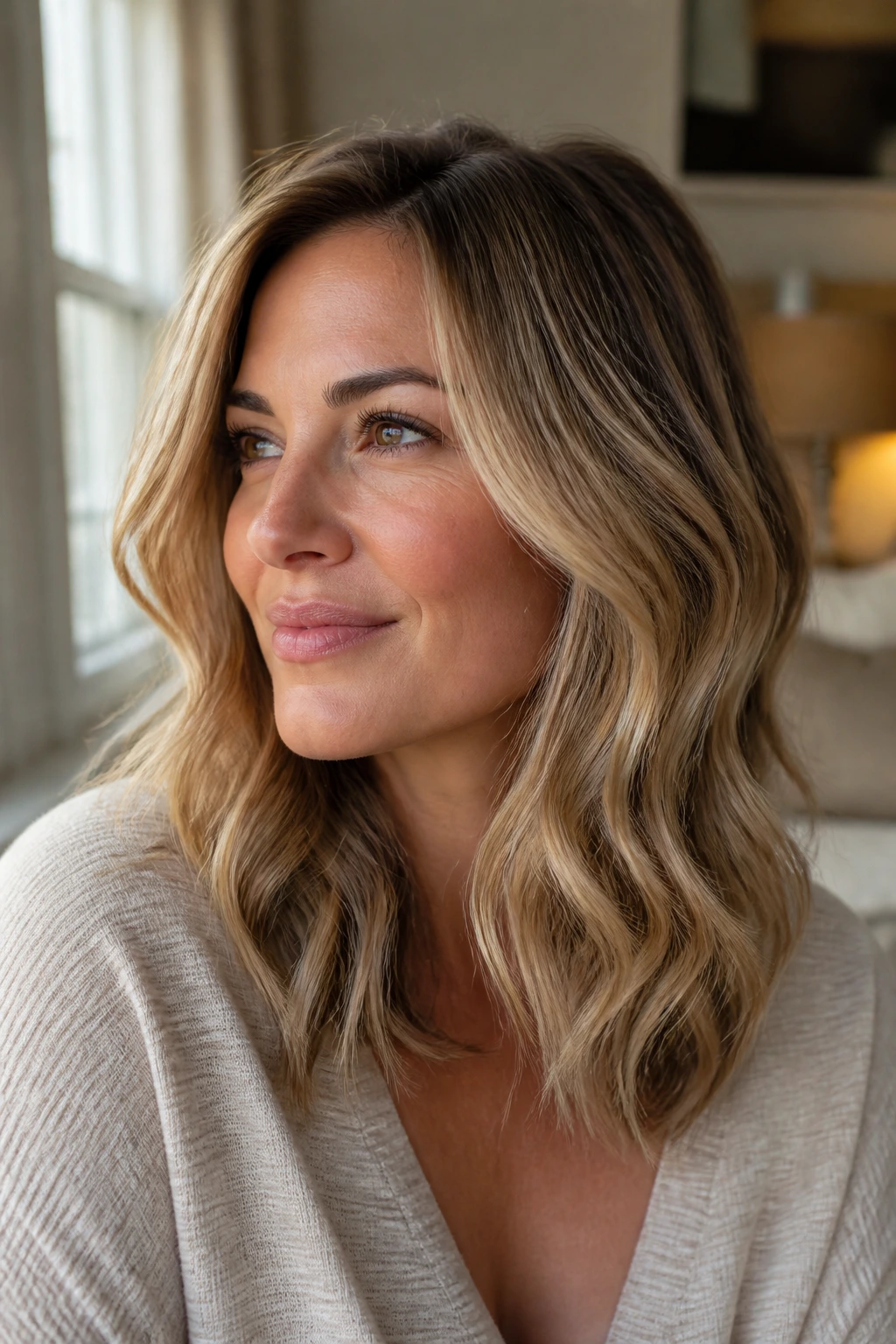 Real woman with sandy blonde balayage on layered mid-length hair