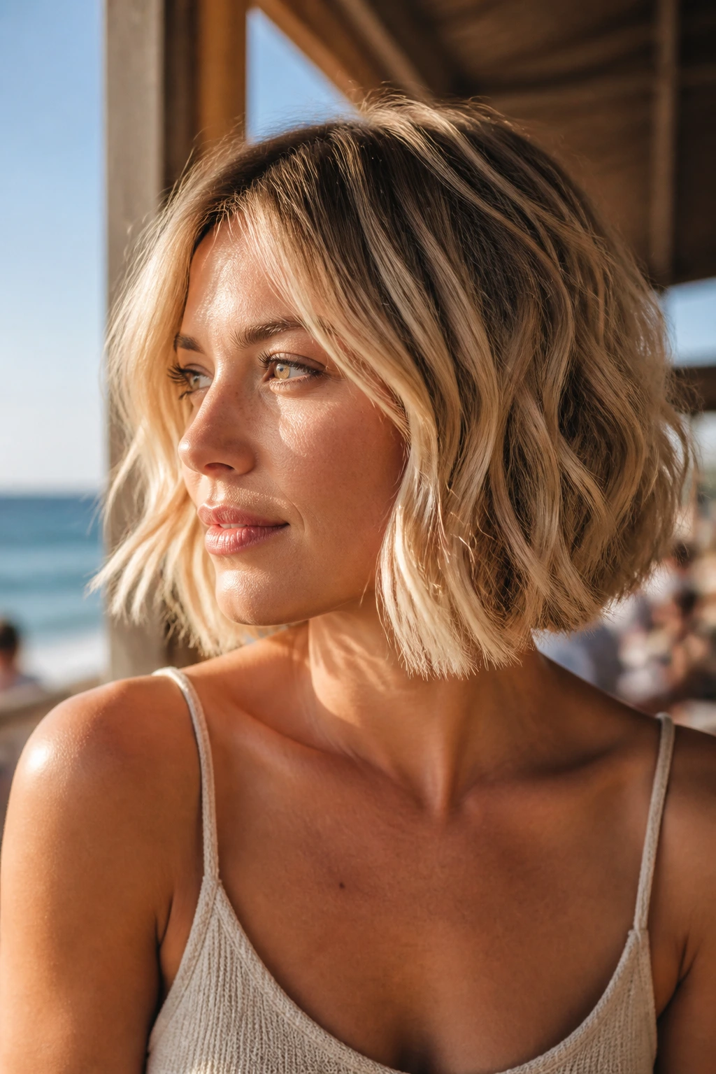 Close-up portrait of a real person with a sandy blonde beachy bob.