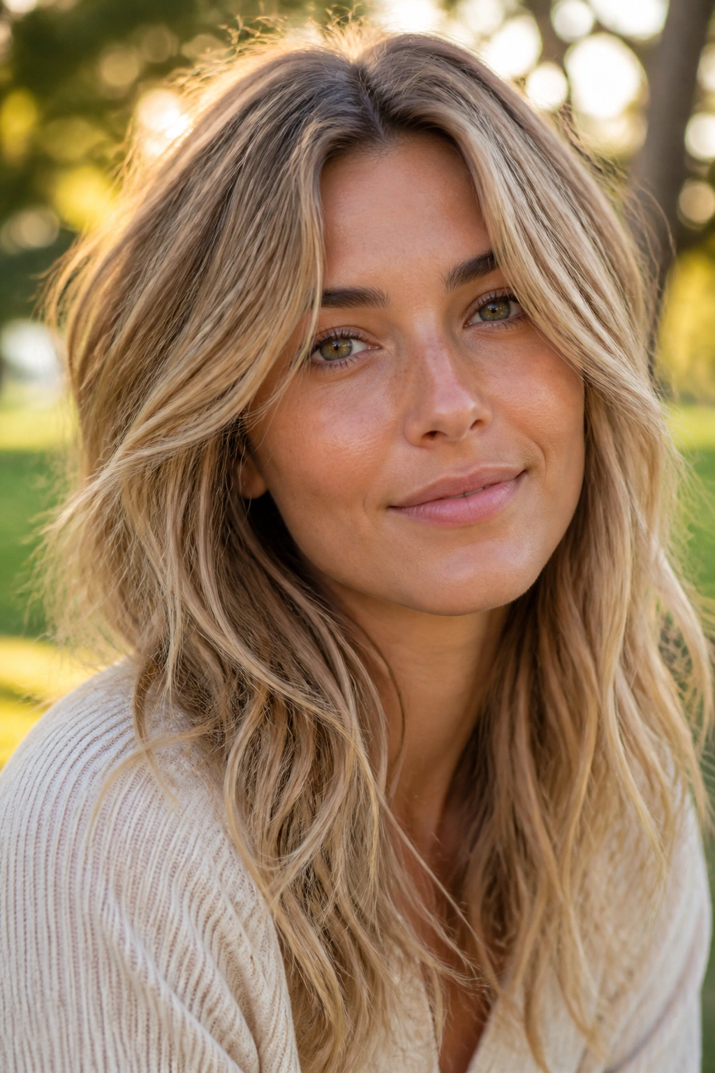 Close-up of a real woman with sandy blonde hair in a park during golden hour