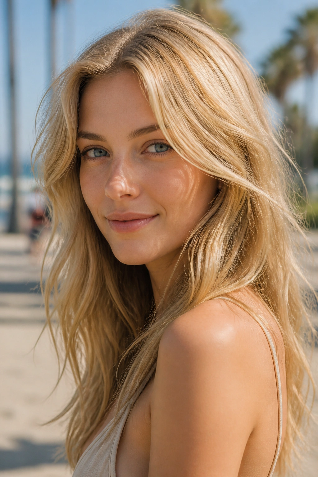 Portrait of a person with sandy blonde hair in outdoor sunlight