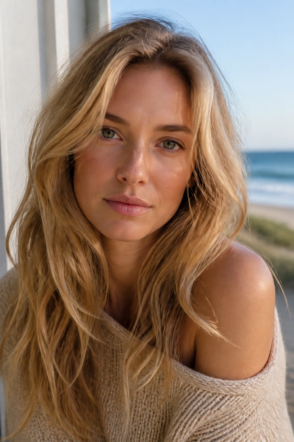 Close-up of a real woman with sandy blonde hair and textured layers