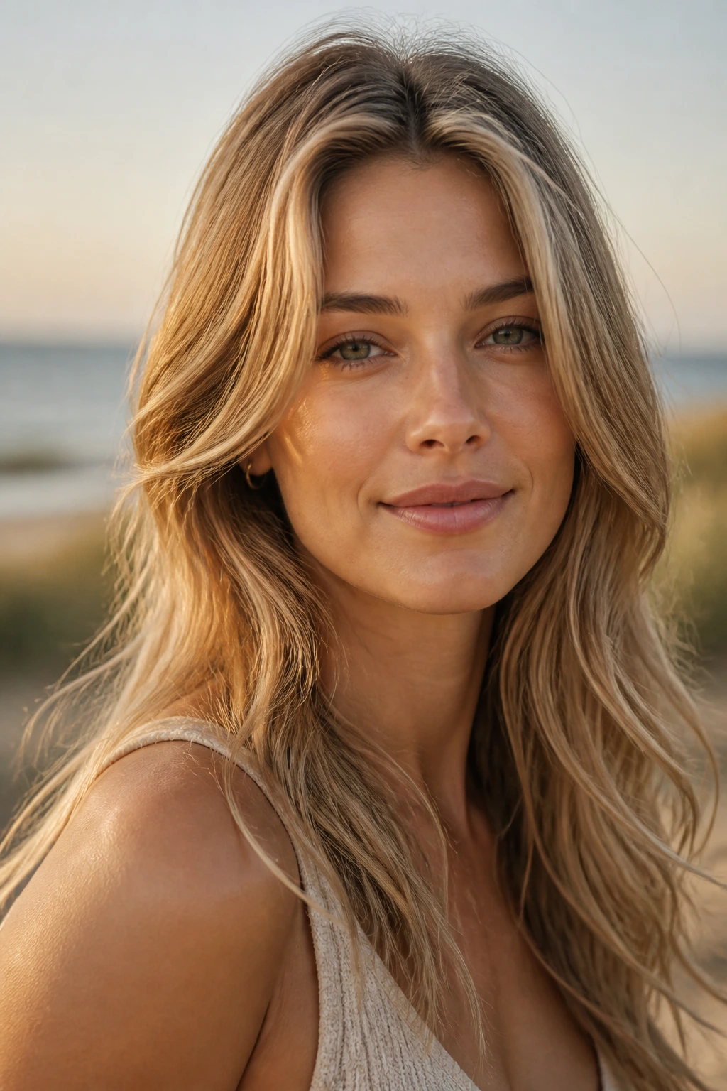 Close-up portrait of a real woman with sandy blonde hair in beachy light
