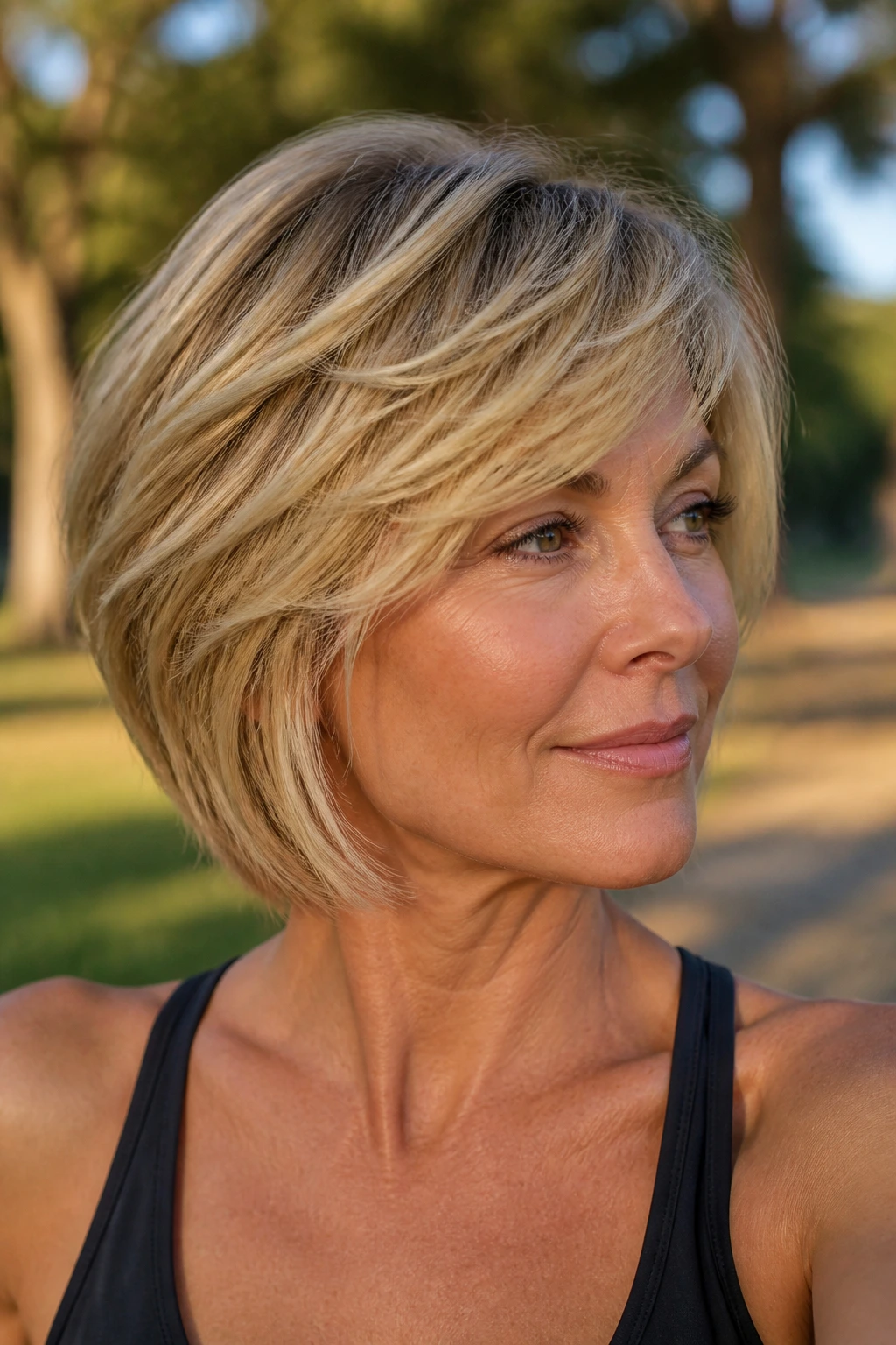 Real woman with layered sandy blonde hair outdoors in afternoon light