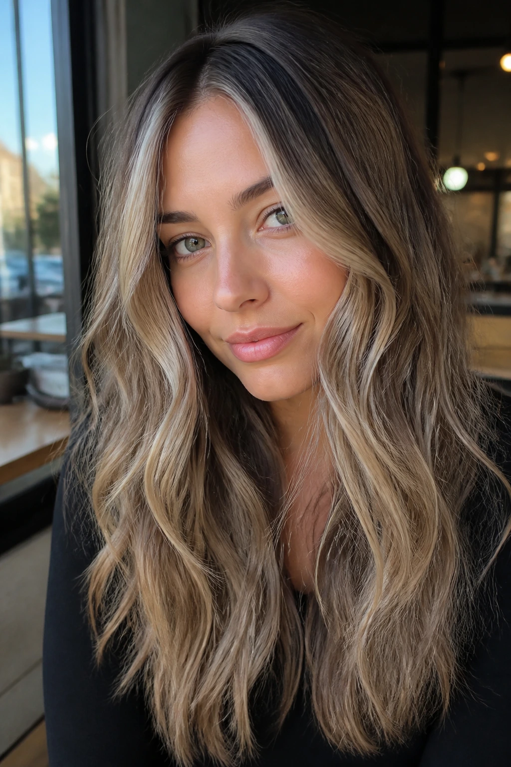 Close-up of a real woman with sandy money pieces at the front of wavy hair