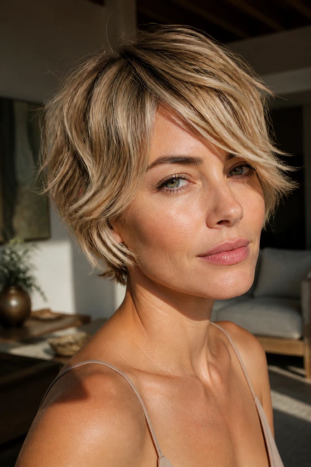 Portrait of a real person with a tousled pixie bob in sandy blonde under warm sunlight.