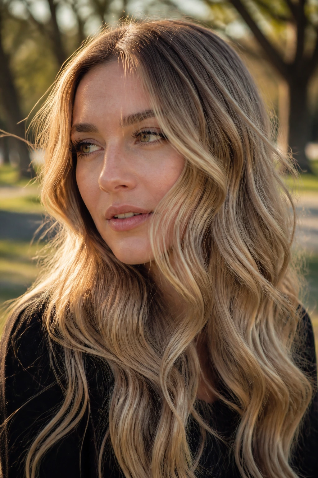 Close-up of a real person with sandy blonde S-curve balayage on wavy hair in outdoor light